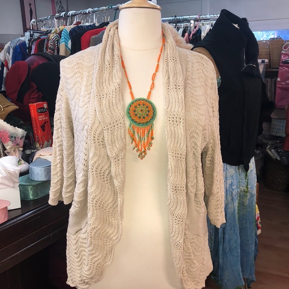 willow bay Sweaters - Willow Bay - cotton/rayon crochet knit cardigan- shawl collar, rounded hem 2X